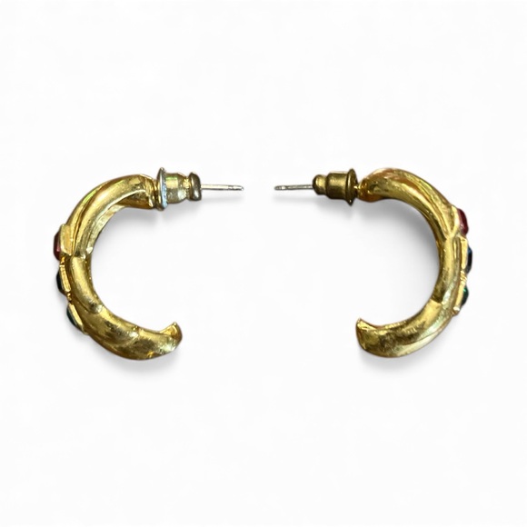 Vintage 80s Gold Tone Jewel-Tone Half Hoop Post Earrings - Picture 3 of 5